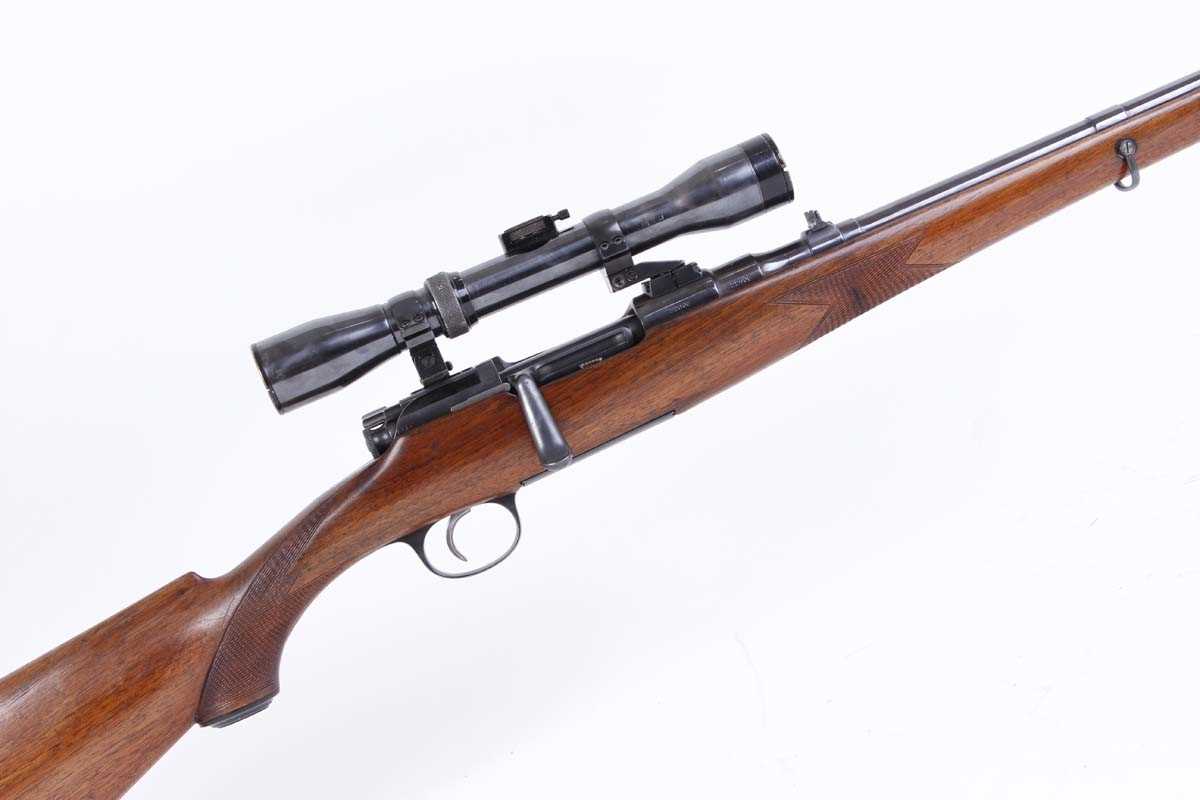 Ⓕ (S1) 6.5 x 54mm Mannlicher–Schönauer bolt action sporting rifle, 23 ins barrel with raised blade