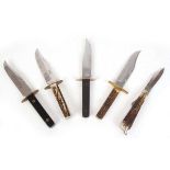 Four Sheffield bowie knives and a folding knife, makers to include Wragg, Cooper, Mortons, and