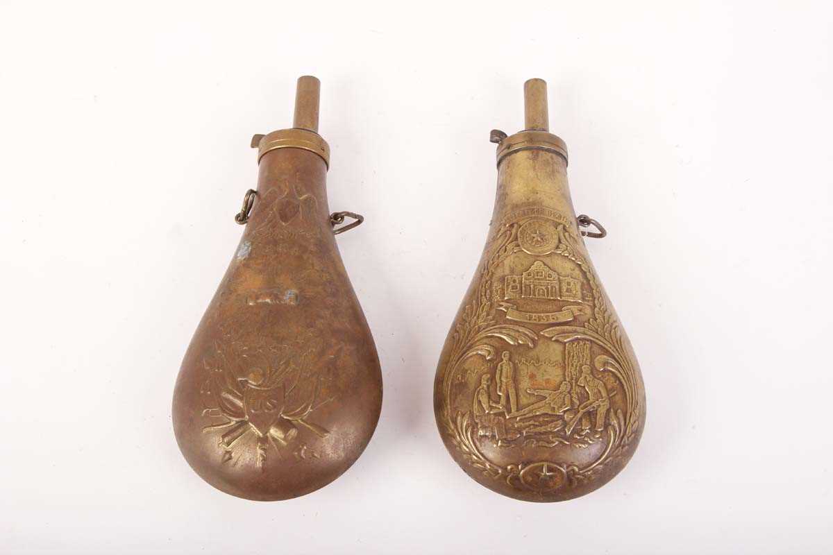 Two brass American powder flasks with embossed decoration and suspension rings - Image 2 of 3