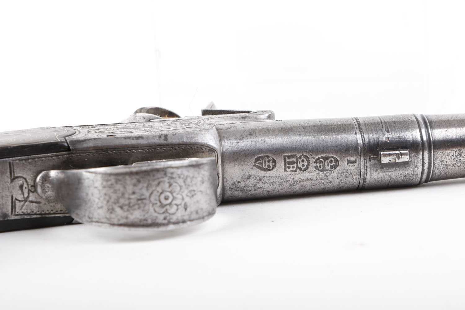(S58) 50 bore Flintlock pocket pistol by Aston, 2 ins turn off cannon barrel, London proof marks, - Image 5 of 7