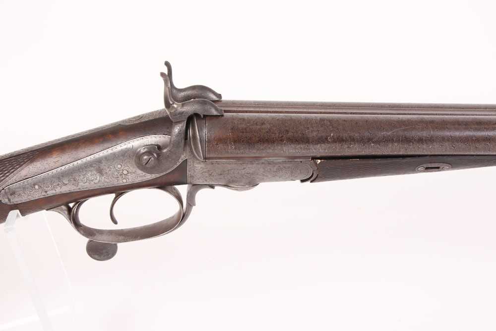 A 12 bore pinfire double sporting gun by W & J Kavanagh (Dublin), brown damascus barrels, engraved - Image 3 of 7