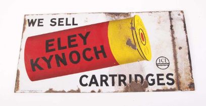 An enamelled retailer sign for Eley Kynoch 'We Sell Eley Kynoch Cartridges' 18½ ins x 10