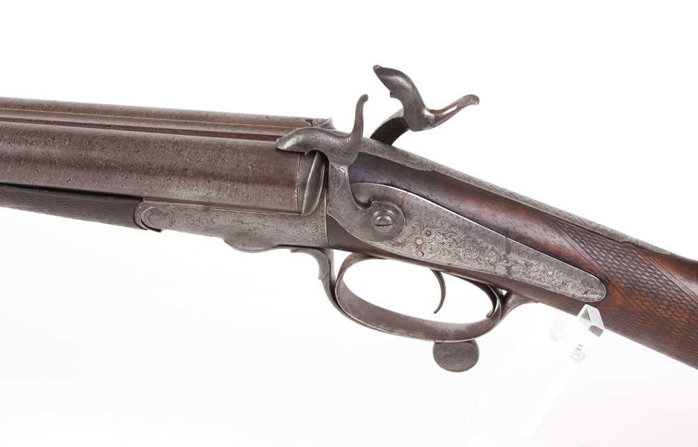 A 12 bore pinfire double sporting gun by W & J Kavanagh (Dublin), brown damascus barrels, engraved - Image 6 of 7