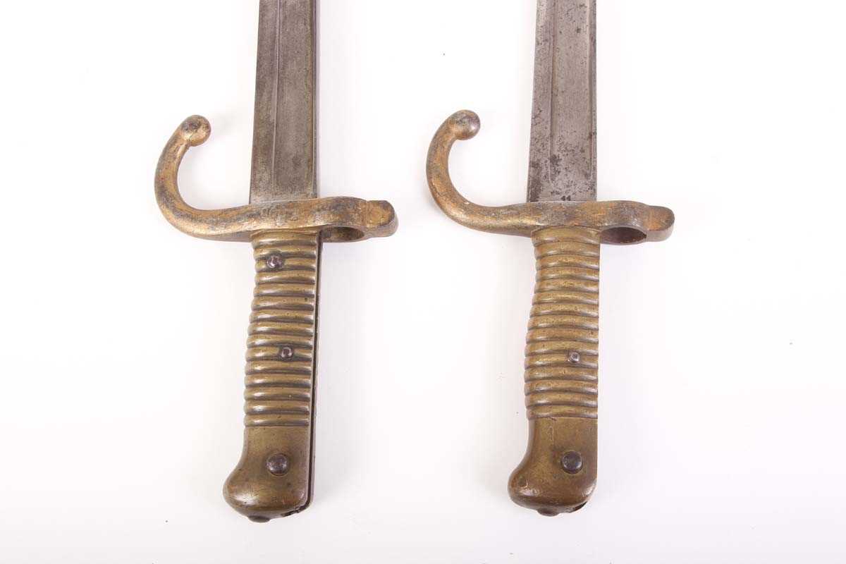 Two Chassepot bayonets, each with a 23 ins slightly curved and fullered blade, brass grips, one with - Image 3 of 5