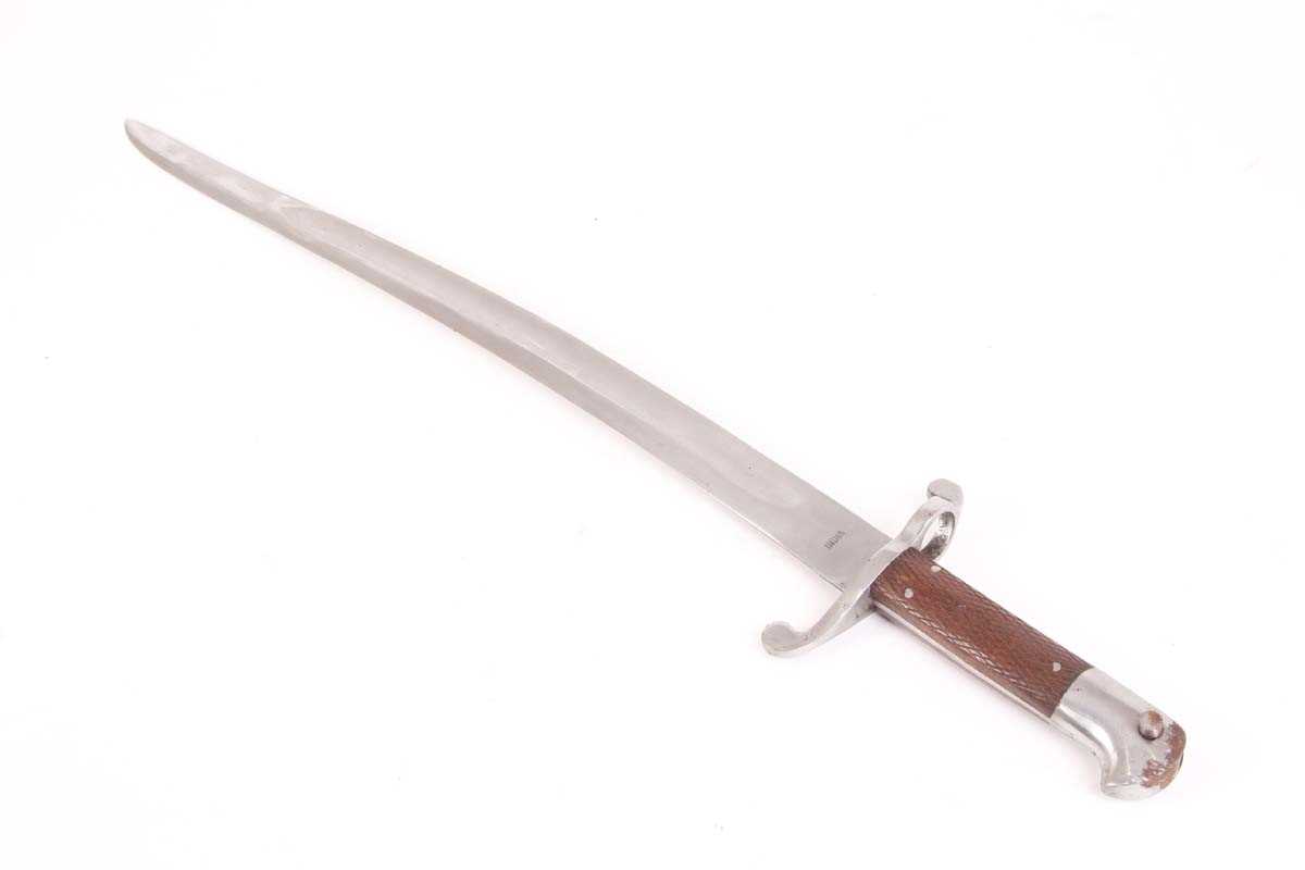 Indian Yataghan sword bayonet, 23 ins blade, in leather scabbard with frog