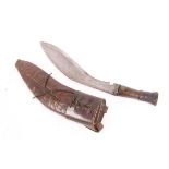 Kukri knife, 13 ins blade, leather and wood grip, in sheath with additional toolsBlade with