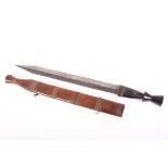 Ornate carved machete, 16½ ins spear point blade, carved wood grip, in carved wooden wire banded