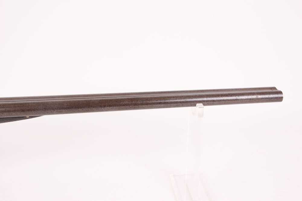 A 12 bore pinfire double sporting gun by W & J Kavanagh (Dublin), brown damascus barrels, engraved - Image 4 of 7