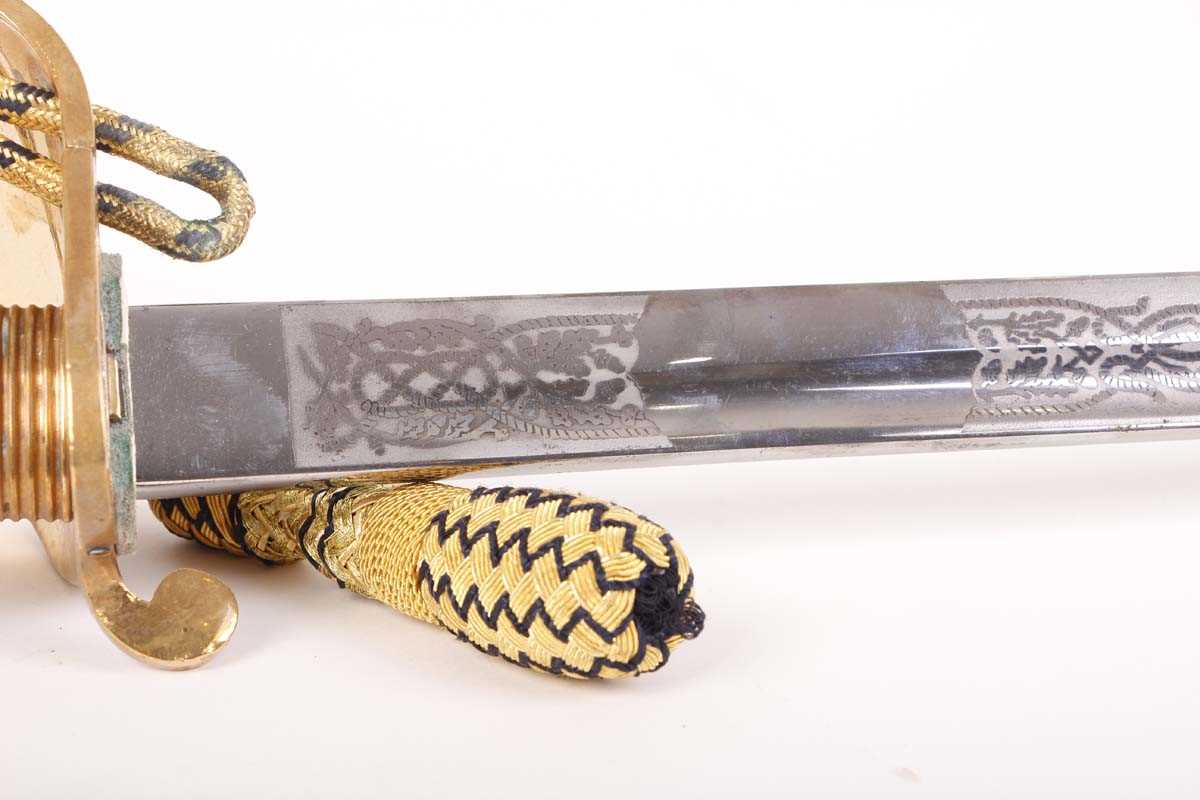 +VAT Modern British 1827 Pattern Royal Navy officer's sword, 31 ins etched blade, gilt hilt with - Image 8 of 14