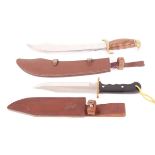 Elk Ridge bowie knife, 8¾ ins blade, brass guard, ebonised wood grips, in leather sheath; Cutlass