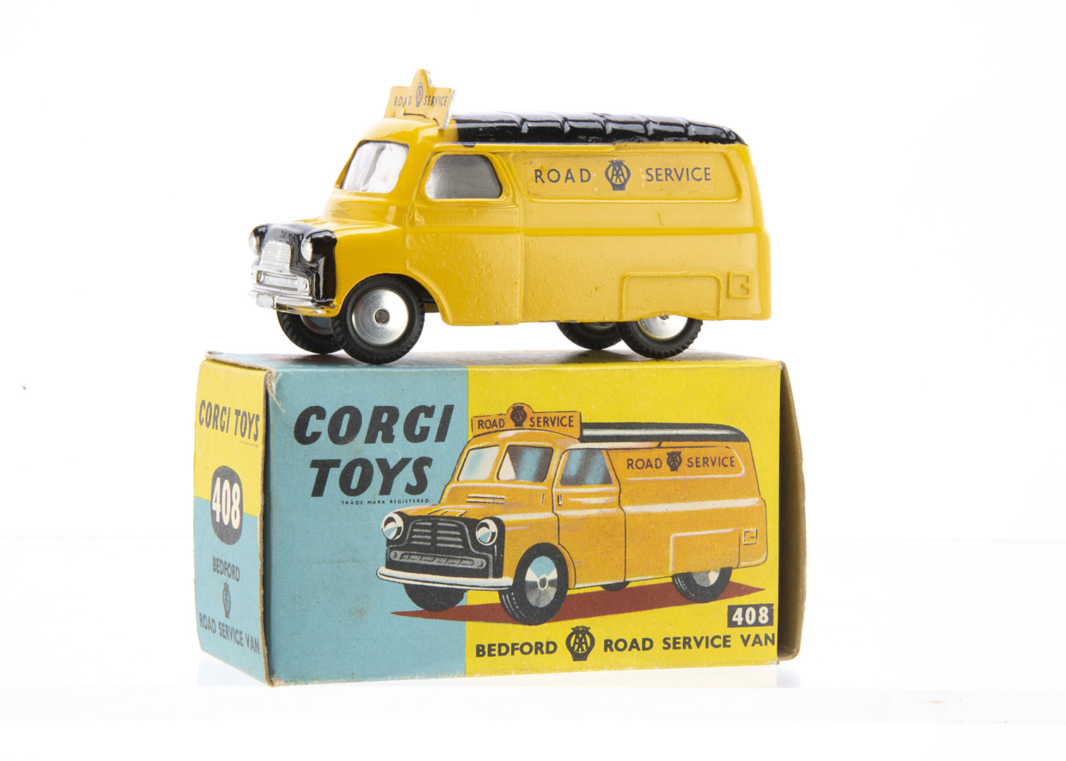 A Corgi Toys 408 Bedford AA Road Service Van, yellow/black body, undivided windscreen, ribbed