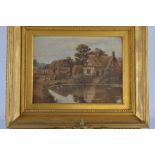 H Jarman, oil on board, thatched cottages with ducks being fed by pond, signed lower left, in gilt