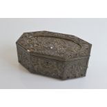 A continental Art Nouveau pewter skinned octagonal wooden jewel casket, the embossed decoration of a