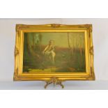 Oil on canvas, Woodland Nymph, tossing petals in the river, gilt framed. Inscribed Ophelia to back