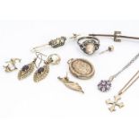 A quantity of bar brooches, gold and garnet earrings, oval gold locket, various chains and other