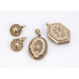 Two Victorian gold fronted lockets, one hexagonal example with engraved floral design, another