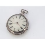 A late Georgian silver pair cased pocket watch, 57mm, with cream enamel dial, AF