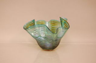 A modern Studio Glass handkerchief style bowl by Peter Layton, 17cm high, in sea blue with amber