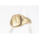 A 9ct gold gentleman's signet ring, with square tablet, rubbed initials, tapered shank, ring size Q,