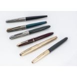 Six vintage Parker fountain pens, including a gold plated Parker 51, a 61 with gold plated lid and