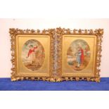 A pair of Georgian silk painted and embroidered portraits, 23cm by 17cm in oval mounts, depicting