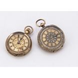 Two late 19th century continental yellow metal cased ladies pocket watches, one marked 14k, 23.6g,