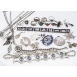 A collection of silver jewellery, including earrings, necklaces, enamel Persian pendant, Maltese