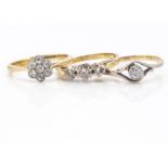 Three diamond gold rings, including an old cut solitaire, in crossover rubbed over platinum