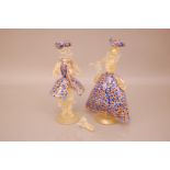 A pair of Murano Glass figures, modelled as a well dressed lady 25cm, arm snapped off, and a