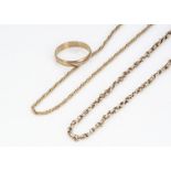 A collection of 9ct gold, including two necklaces and a 9ct gold wedding band, ring size T,