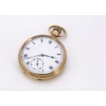 A George V 9ct gold open faced pocket watch, 49mm, 77.9g, white enamel dial with Roman numerals,