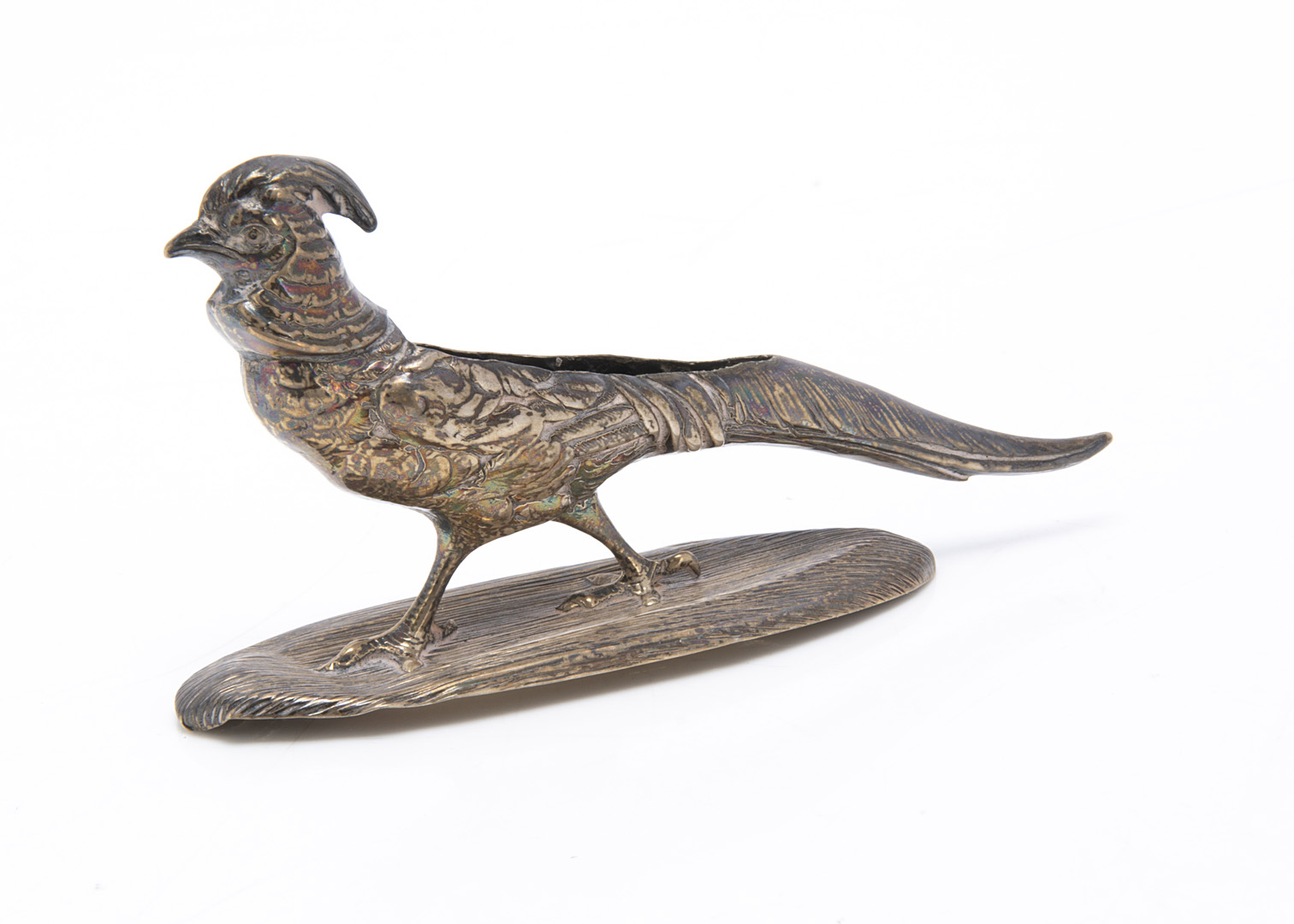 An Edwardian silver pheasant pin cushion from S Morden & Co, 10cm long, 0.63 oz., bent to front,