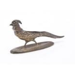 An Edwardian silver pheasant pin cushion from S Morden & Co, 10cm long, 0.63 oz., bent to front,