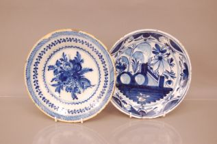 Two late 18th century Delft pottery plates, 23cm, some typical damages to glaze and chipping (2)