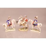 Three Capodimonte porcelain military figures, tallest 28cm, all with officers on horseback, one with