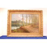 Hendrik Mathys (Belgium 19th century), 67cm by 98cm, oil on canvas, River landscape with Figures
