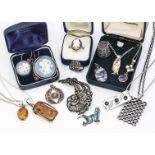 A collection of silver jewellery, including a Wedgwood Jasper Ware pendant and brooch both with