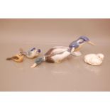 Five Royal Copenhagen porcelain models of birds, including a mallard, 20cm long, kingfisher,