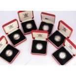 A group of seven modern Royal Mint silver proof piedfort £1 coins, each boxed with dates in 1990s