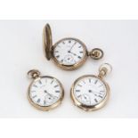 Three late 19th century Waltham gold plated pocket watches, one full hunter and two open faced