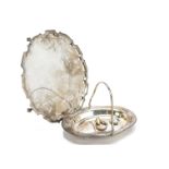 A silver plated salver and swing handled dish, together with a 9ct gold cased watch, a Limit watch