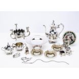A small group of silver and silver plate and other items, including three silver decanter labels,