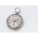 A Victorian Waltham silver open faced pocket watch, 52mm, with engraved dial and gold roman