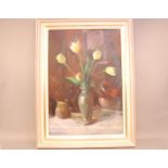 British School (20th century), 75cm by 52cm, oil on board, Still Life with Yellow Tulips in Vase,