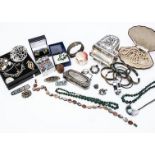 A collection of costume jewels, including a silver plated Edwardian purse, a collection of copper,