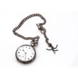 A Victorian silver open faced pocket watch, 50mm, on a silver curb link watch chain