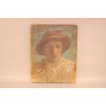 British School (19th/20th century), 46cm by 36cm, crude oil on canvas, Portrait of person in Hat and