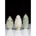 Three Chinese jadeite jade carved hardstone archaic style vessels and covers, one with carved