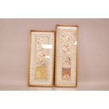Two Chinese embroidered silk panels, framed, 47cm and 43cm