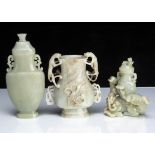 Three Chinese jadeite jade carved hardstone archaic style items, including a covered vessel, 22cm, a